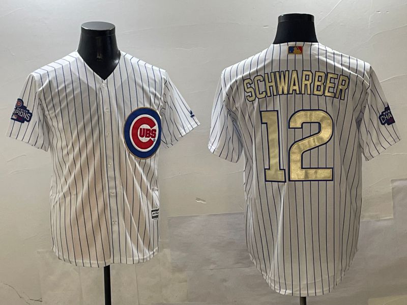 Men Chicago Cubs 12 Schwarber White Stripe Gold Game 2025 Nike MLB Jersey style 4